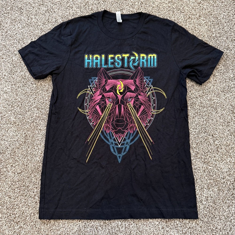 Halestorm Graphic Band T-Shirt Men's M Black Neon Wolf Design Rock Tee Tour